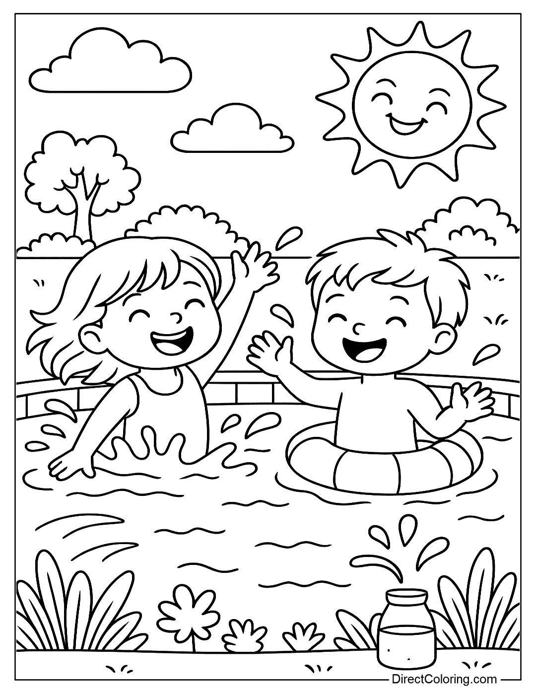 coloring page of Kids in a pool, splashing and playing